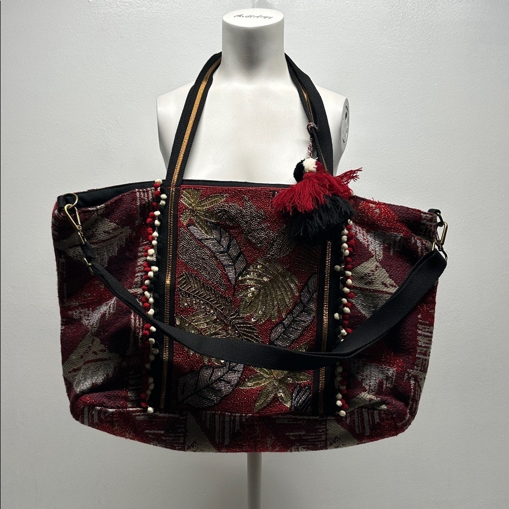 America & Beyond Travel Bag Set 3 Piece Tote Purse Coin Pouch Beaded Leaves Red - Picture 2 of 8